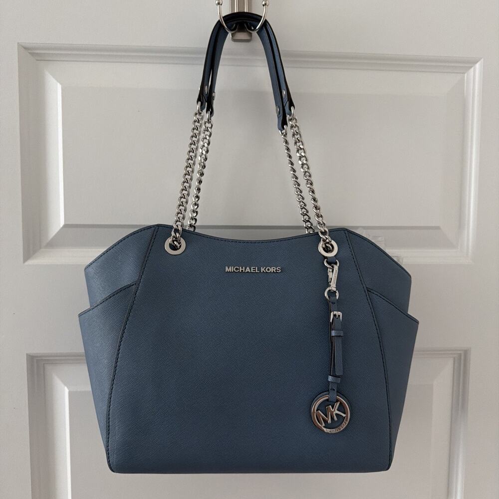 Michael Kors Jet Set Large Chain Saffiano Leather Shoulder Tote Bag Blue NWT